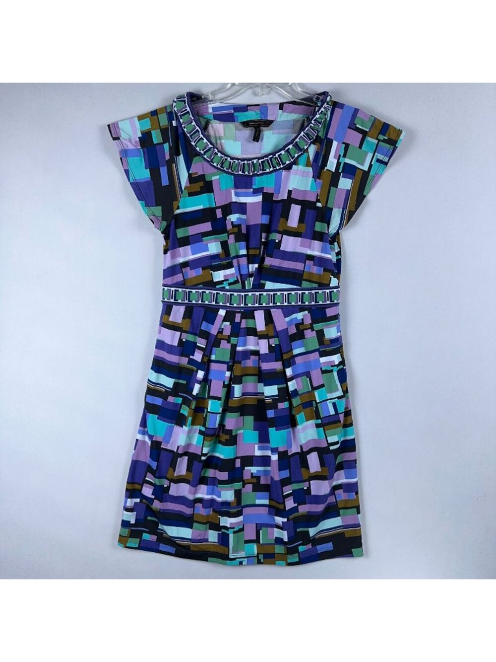 BCBGMAXAZRIA Geometric Print Blouson Dress Short-Sleeve Size Medium Multicolor